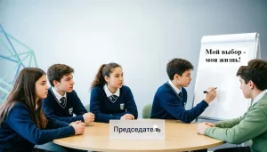 Подростки сидят за круглым столом, обсуждают, один записывает на флипчарте, обложка сценария круглого стола «Мой выбор — моя жизнь»