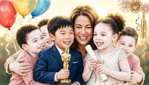 Дети на красной дорожке выпускного в детском саду сценарий в кафе в формате киностудии, в руках держат статуэтки Оскара, вокруг воздушные шары и звёзды, праздничная атмосфера