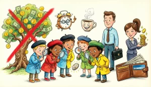 Дети-детективы с лупами рассматривают монеты, обложка конспекта занятия по финансовой грамотности «Тайна исчезающих монет»