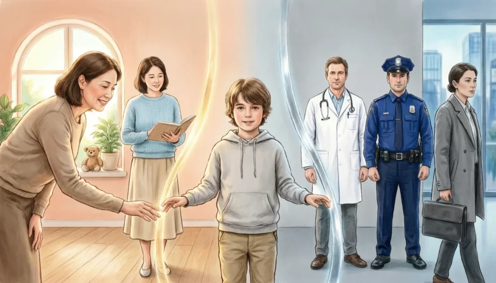 Ребёнок и взрослый стоят по разные стороны полупрозрачной линии. Тёплые тона, мягкий свет, обложка методического пособия «Граница уважения».