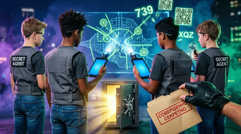 Подростки в тактических жилетках с планшетами и фонариками на фоне голографической карты, обложка спортивного квеста «Файлы Агентства»