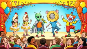 Дети на сцене в смешных костюмах, один поёт в микрофон, другой танцует, зал смеётся, обложка сценария «Первоапрельская юморина»