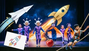 Дети в костюмах инопланетян на сцене, на заднем плане звёздное небо и ракета, обложка сценария «Звёздный десант» для Дня космонавтики