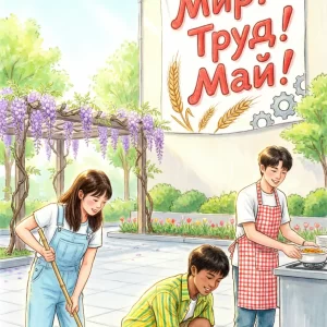 Подростки на субботнике: убирают листву, сажают цветы, помогают на кухне, обложка методической разработки «Первое мая — праздник труда»