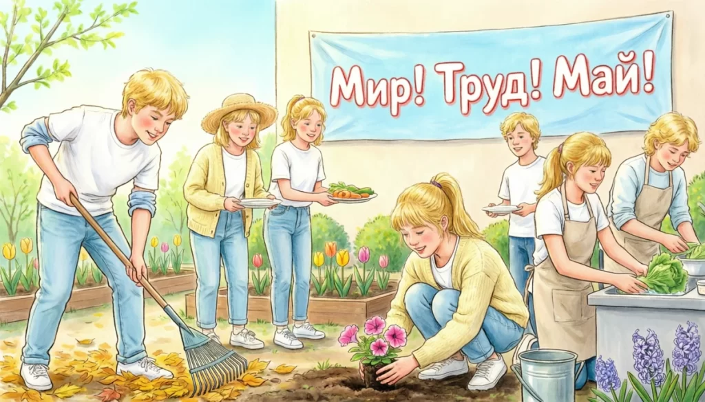 Подростки на субботнике: убирают листву, сажают цветы, помогают на кухне, обложка методической разработки «Первое мая — праздник труда»