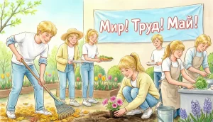 Подростки на субботнике: убирают листву, сажают цветы, помогают на кухне, обложка методической разработки «Первое мая — праздник труда»