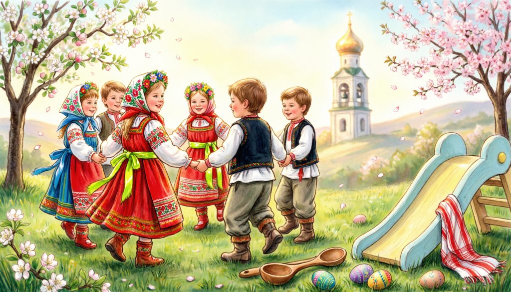 Дети в народных костюмах водят хоровод на весенней поляне, играют с пасхальными яйцами, обложка сценария «Пасхальный перезвон»