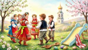 Дети в народных костюмах водят хоровод на весенней поляне, играют с пасхальными яйцами, обложка сценария «Пасхальный перезвон»