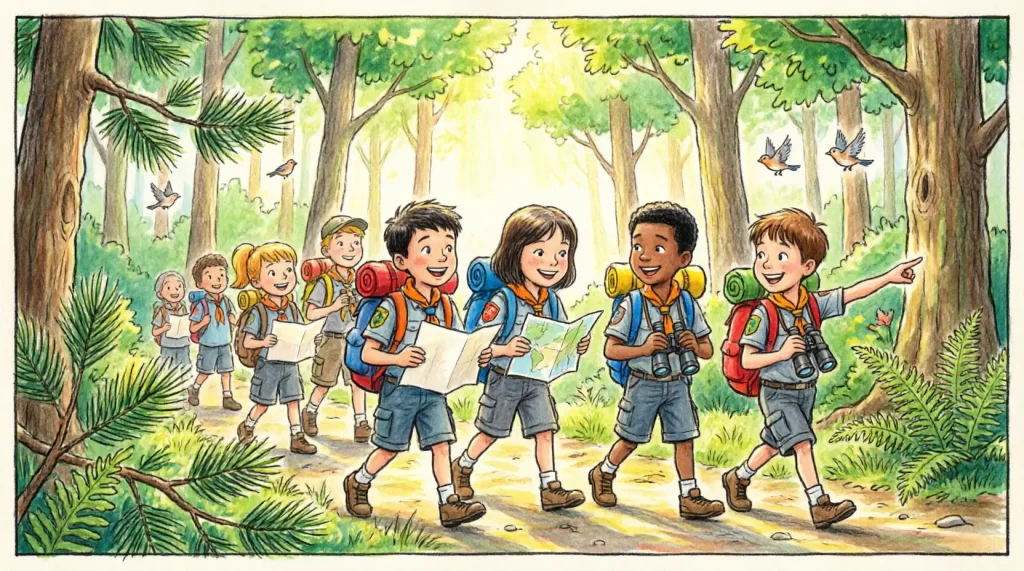 Дети-следопыты с рюкзаками и картой идут по лесной тропе, обложка сценария занятия по профилактике бродяжничества «Тропа безопасности»