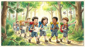 Дети-следопыты с рюкзаками и картой идут по лесной тропе, обложка сценария занятия по профилактике бродяжничества «Тропа безопасности»