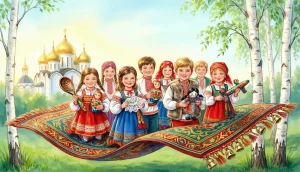 Дети в разных мастерских расписывают ложки, лепят игрушки, плетут кружево. Обложка квеста «Ковёр-самолёт: Тайны и ремёсла народов России».