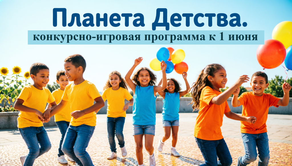 Дети на улице участвуют в конкурсах, смеются, танцуют, запускают шары. Обложка сценария «Планета Детства: Без забот».