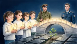 Дети стоят с LED-свечами, рядом — камни и саженец. Обложка сценария «Свеча и камень: никто не забыт».